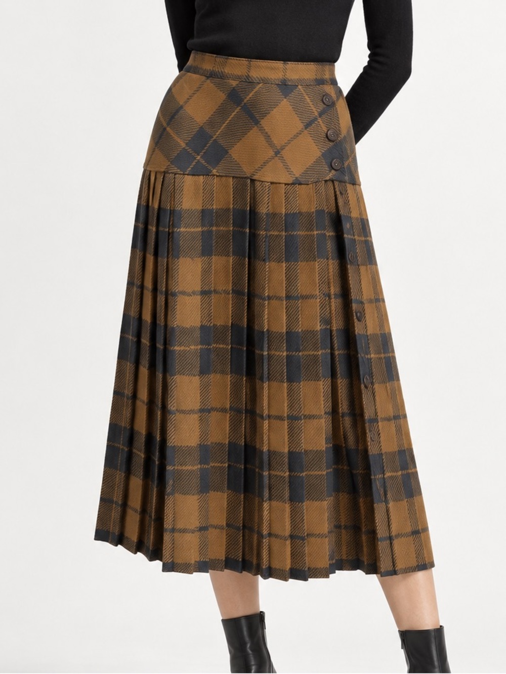 Louben Pure Virgin Wool Brown Plaid Pleated Midi Skirt Made in Canada